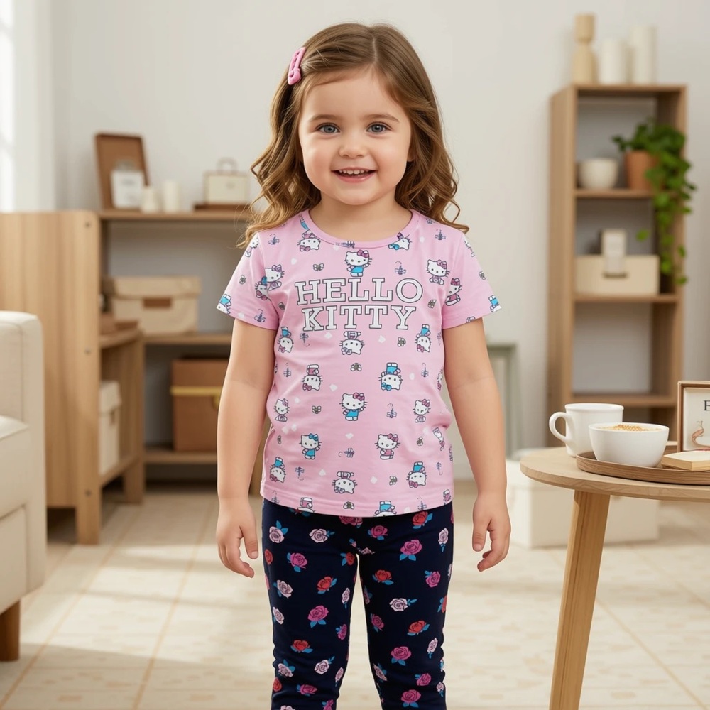 Hello Kitty Girls Short Sleeve all over Print T-Shirt Pink & Rose Bottoms Size 8